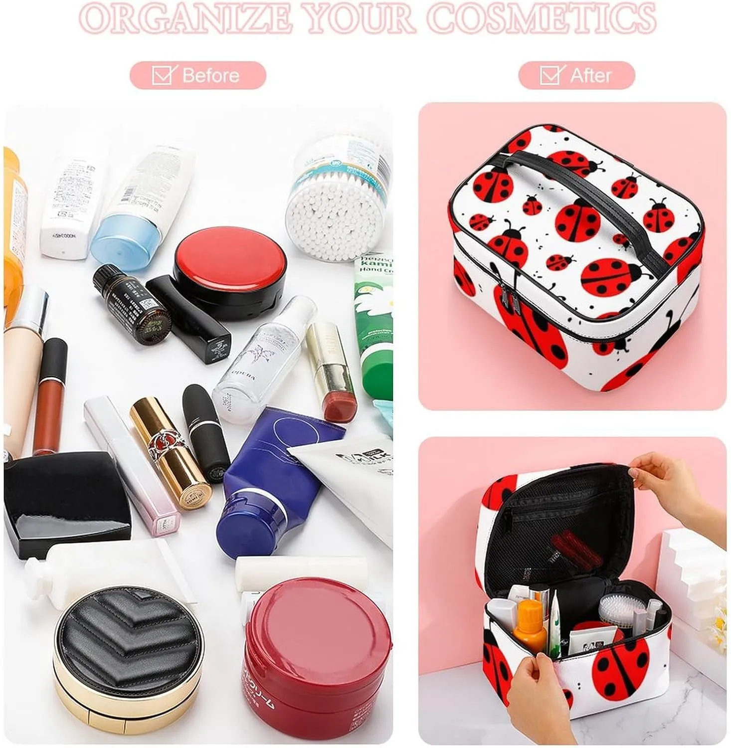 Make Up Bags Ladybug Red Black Dots White Cosmetics Organizer Case for Women, Travel Toiletry Brushes Storage Bag with Carry Handle
