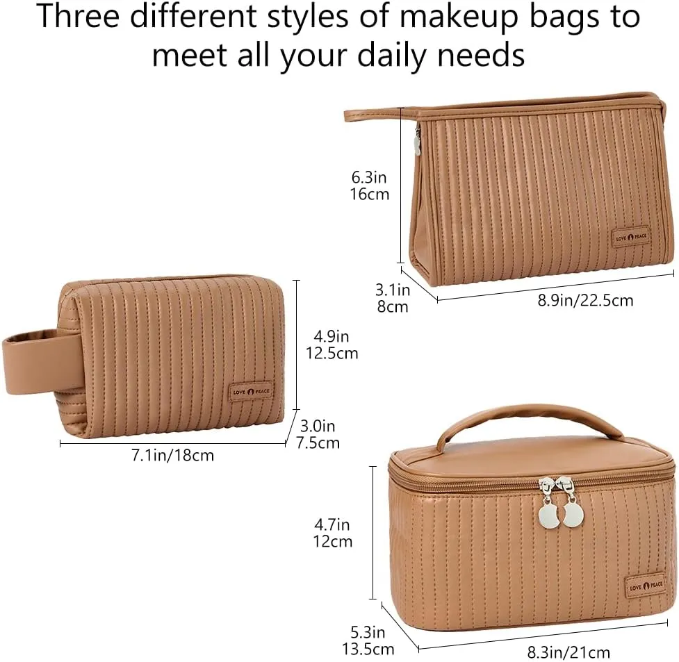 Makeup Bag 3 Pcs Cosmetic Bags Set, PU Striped Leather Toiletry Bag, Portable Waterproof Travel Makeup Organizer, Cute Make up Bags for Women and Girls
