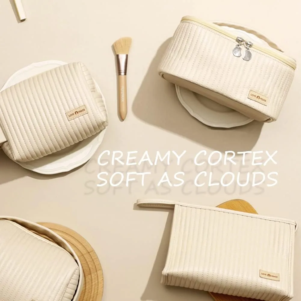 Makeup Bag 3 Pcs Cosmetic Bags Set, PU Striped Leather Toiletry Bag, Portable Waterproof Travel Makeup Organizer, Cute Make up Bags for Women and Girls