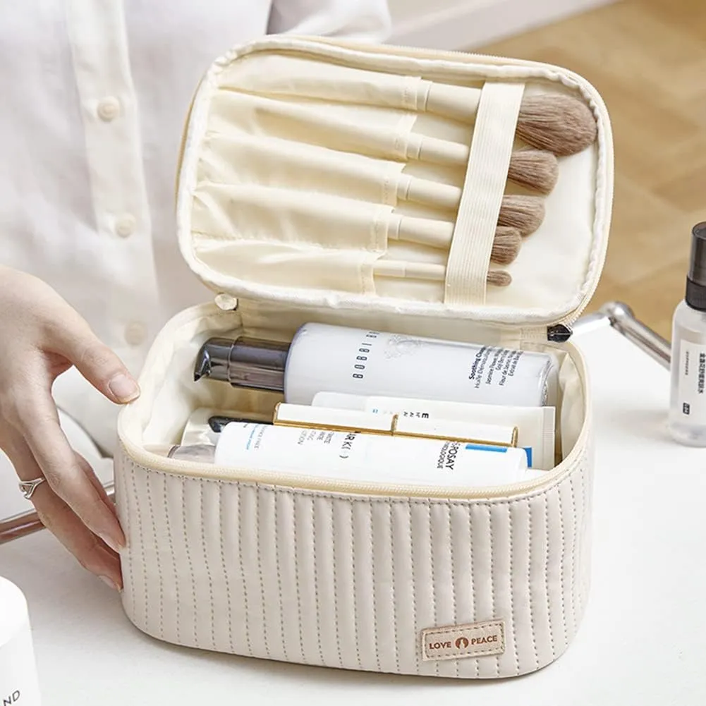 Makeup Bag 3 Pcs Cosmetic Bags Set, PU Striped Leather Toiletry Bag, Portable Waterproof Travel Makeup Organizer, Cute Make up Bags for Women and Girls