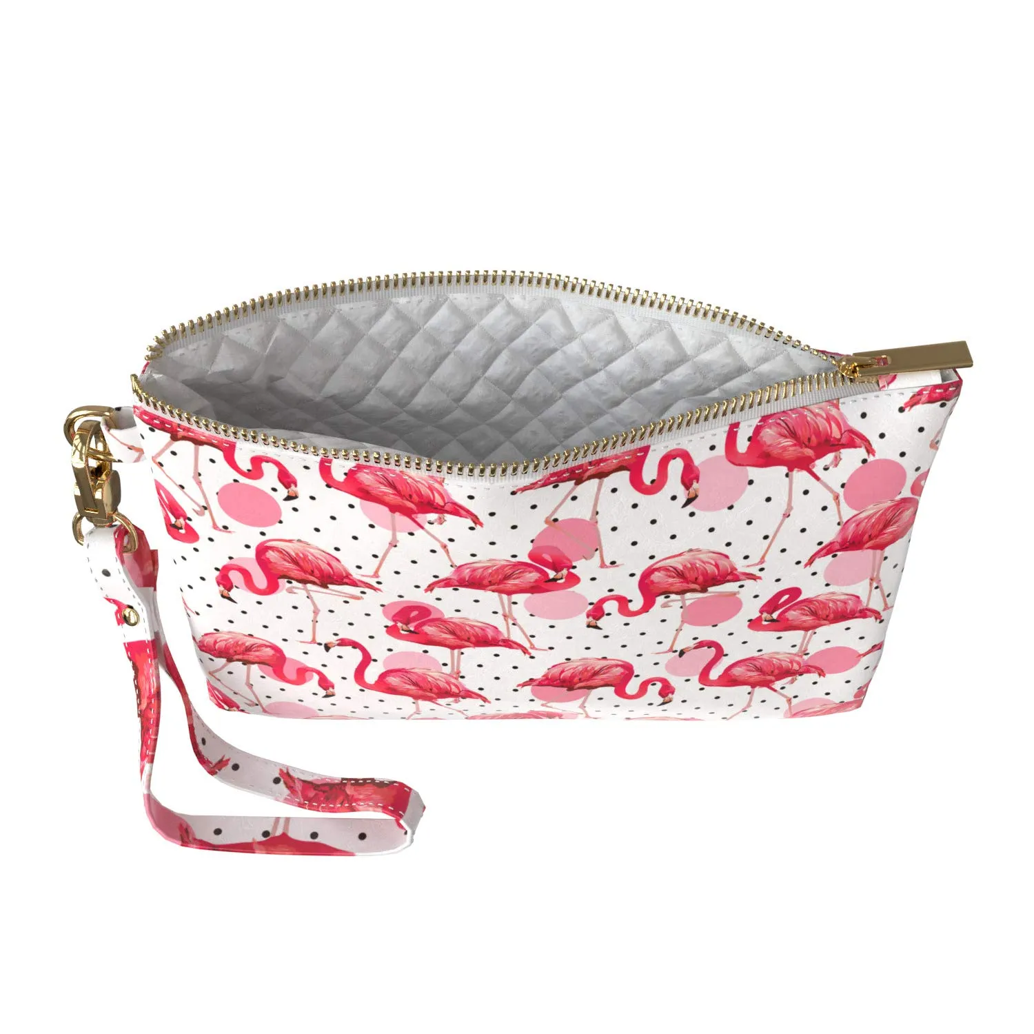 Makeup Bag 9.5 x 6 inch Pink Art Polka Flamingo Print PU Leather Toiletry Zipper Travel Case Portable Organizer Design Strap Accessories Nature Animal Storage Dots Purse Pouch Cute Cosmetic