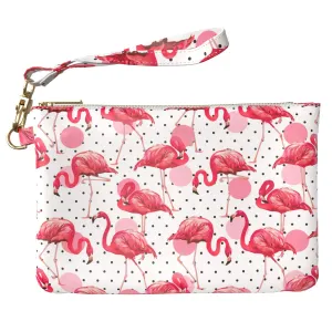Makeup Bag 9.5 x 6 inch Pink Art Polka Flamingo Print PU Leather Toiletry Zipper Travel Case Portable Organizer Design Strap Accessories Nature Animal Storage Dots Purse Pouch Cute Cosmetic