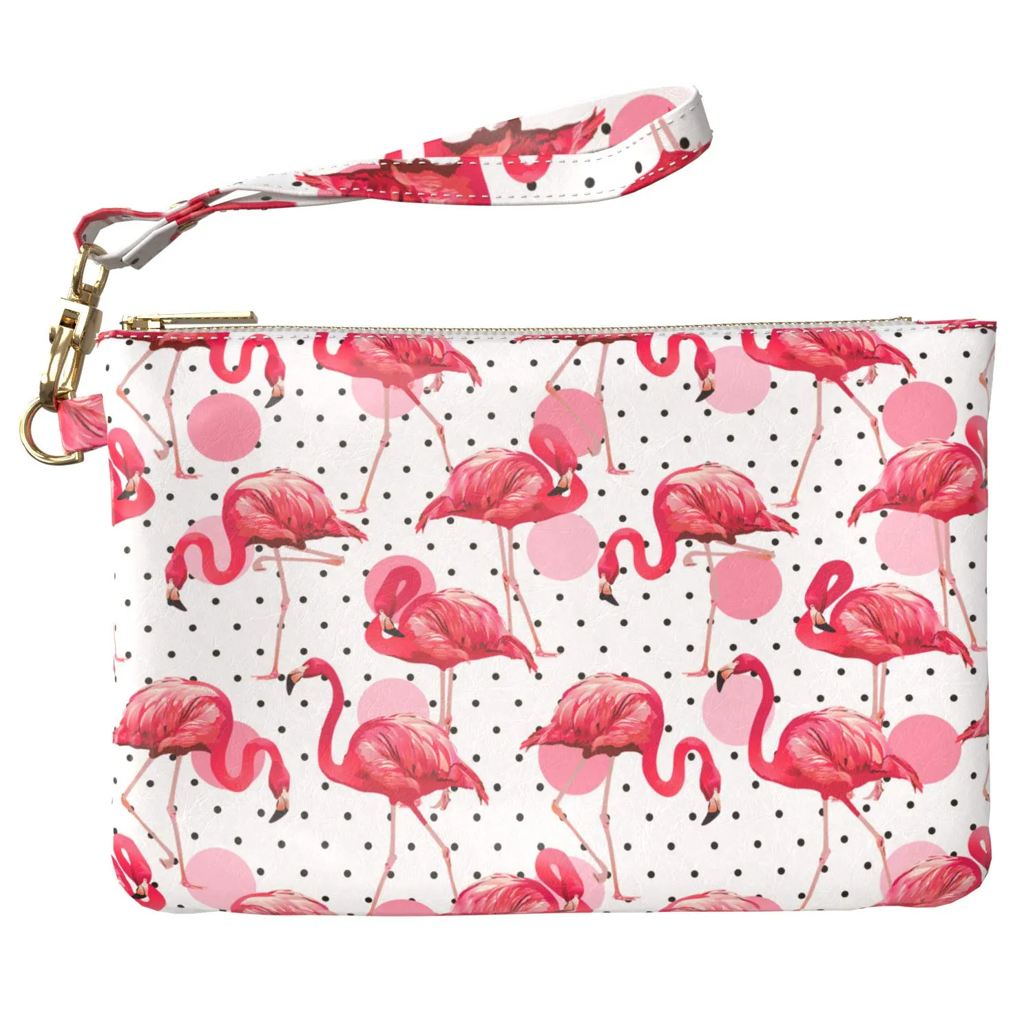 Makeup Bag 9.5 x 6 inch Pink Art Polka Flamingo Print PU Leather Toiletry Zipper Travel Case Portable Organizer Design Strap Accessories Nature Animal Storage Dots Purse Pouch Cute Cosmetic