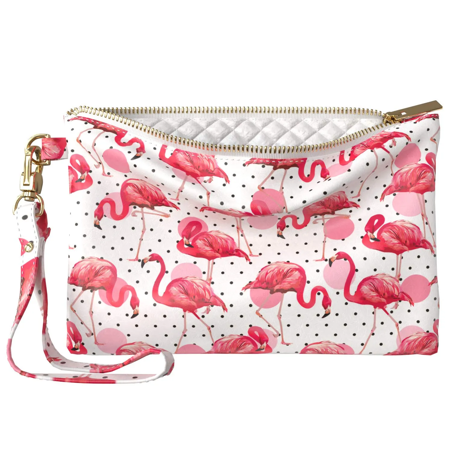Makeup Bag 9.5 x 6 inch Pink Art Polka Flamingo Print PU Leather Toiletry Zipper Travel Case Portable Organizer Design Strap Accessories Nature Animal Storage Dots Purse Pouch Cute Cosmetic