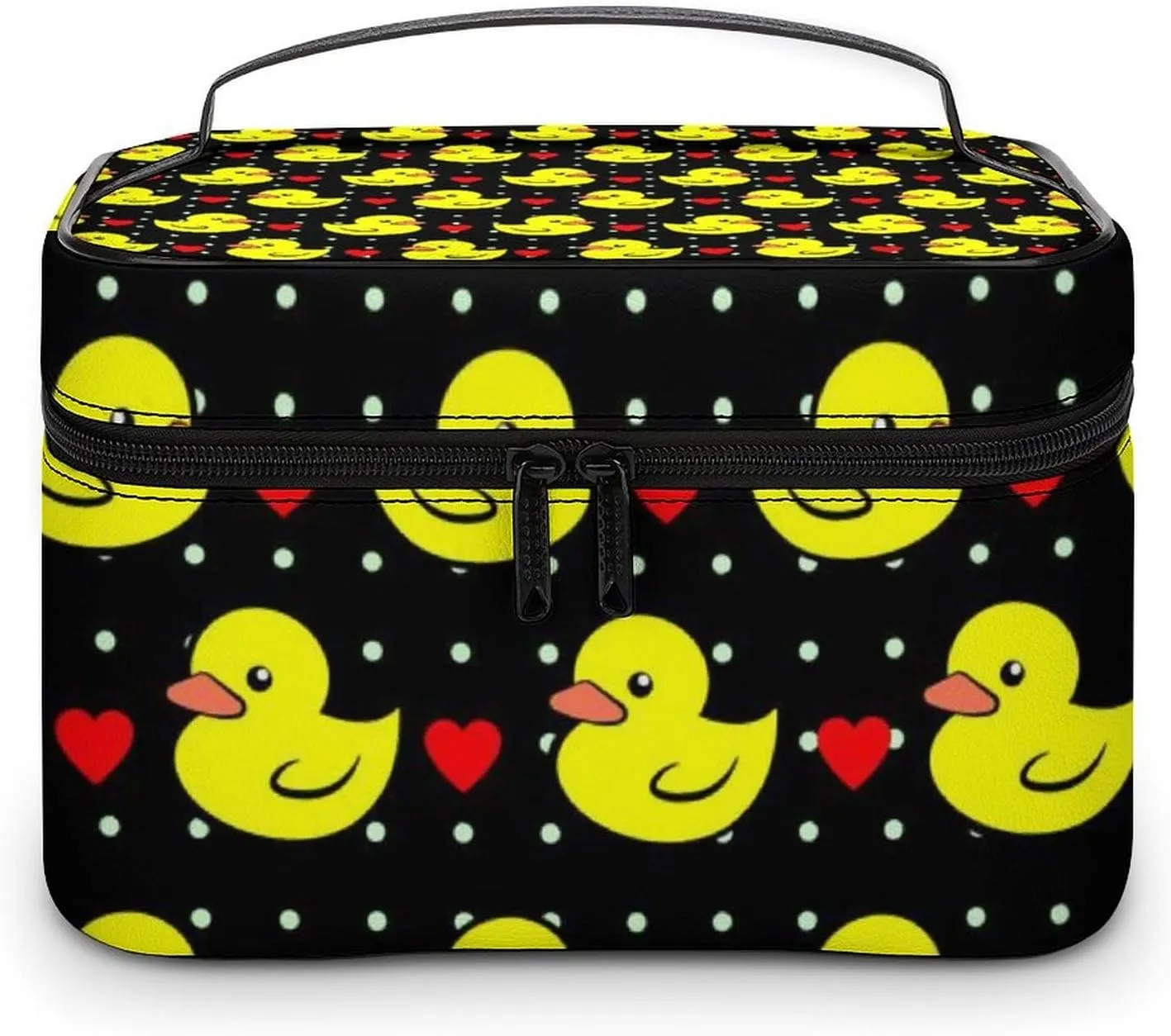 Makeup Bag for Women, Black Red Love Hearts Polka Dots Yellow Rubber Ducks Large Cosmetic Brush Bag, Portable Waterproof Storage Bag with Handle Travel Toiletry Accessories