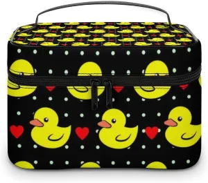 Makeup Bag for Women, Black Red Love Hearts Polka Dots Yellow Rubber Ducks Large Cosmetic Brush Bag, Portable Waterproof Storage Bag with Handle Travel Toiletry Accessories