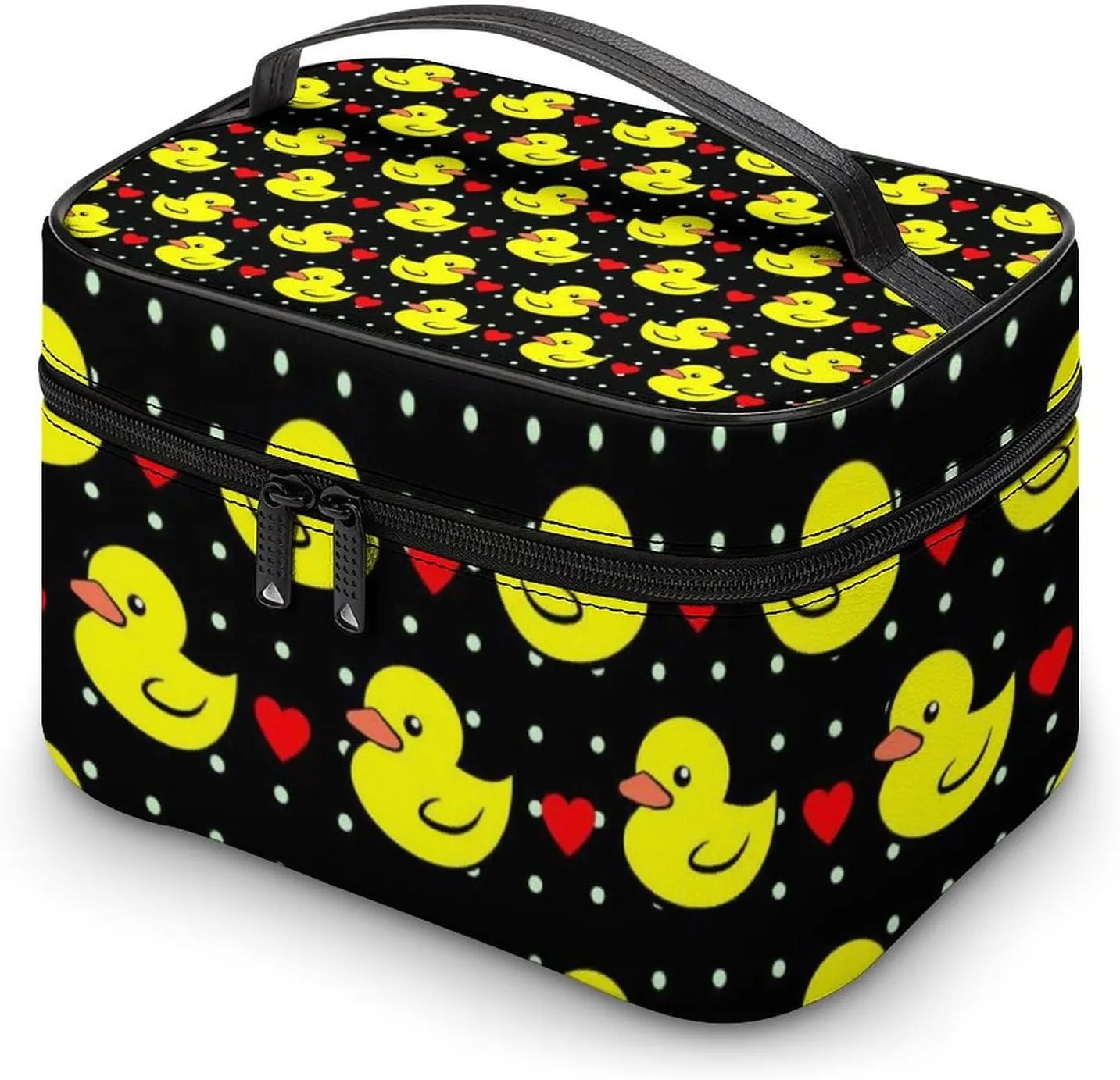 Makeup Bag for Women, Black Red Love Hearts Polka Dots Yellow Rubber Ducks Large Cosmetic Brush Bag, Portable Waterproof Storage Bag with Handle Travel Toiletry Accessories