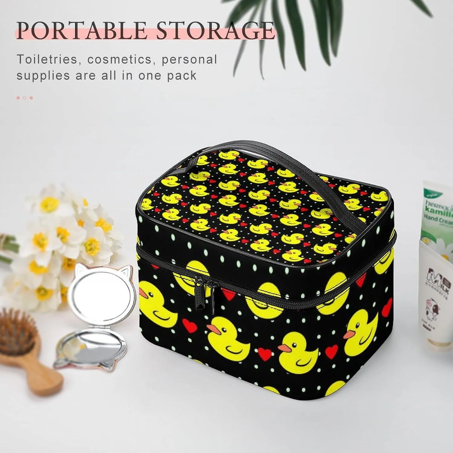 Makeup Bag for Women, Black Red Love Hearts Polka Dots Yellow Rubber Ducks Large Cosmetic Brush Bag, Portable Waterproof Storage Bag with Handle Travel Toiletry Accessories