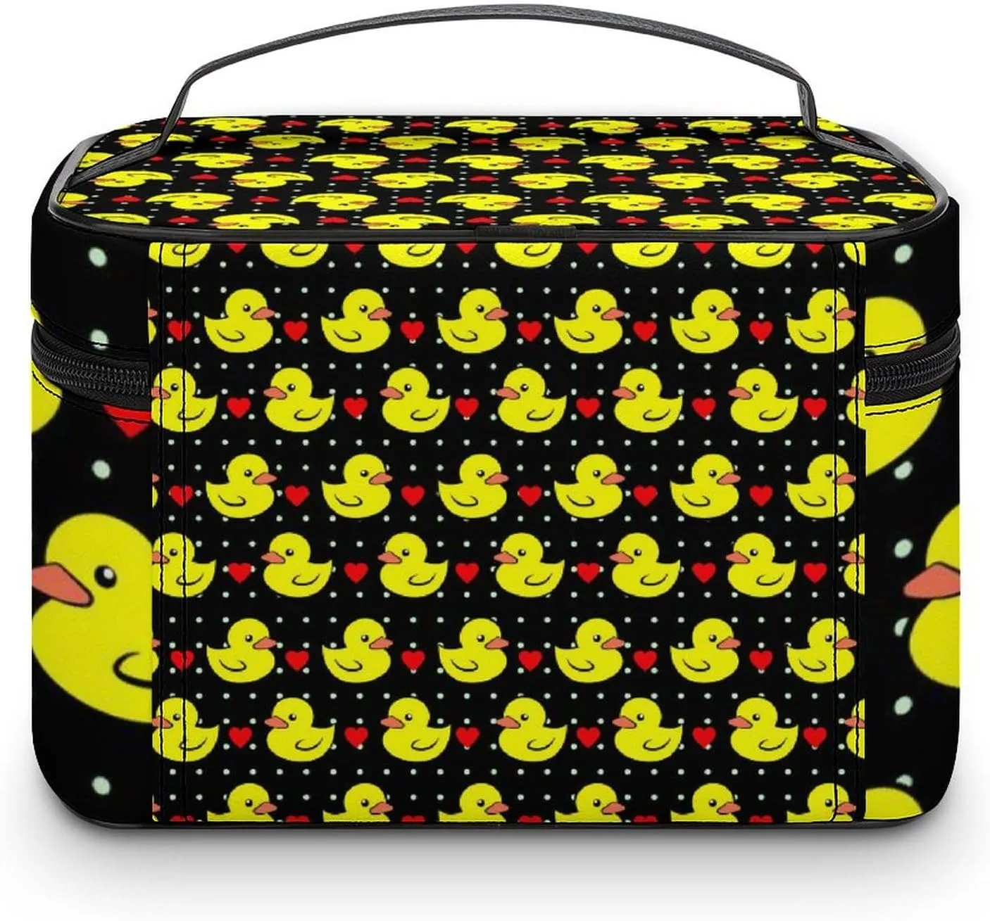 Makeup Bag for Women, Black Red Love Hearts Polka Dots Yellow Rubber Ducks Large Cosmetic Brush Bag, Portable Waterproof Storage Bag with Handle Travel Toiletry Accessories