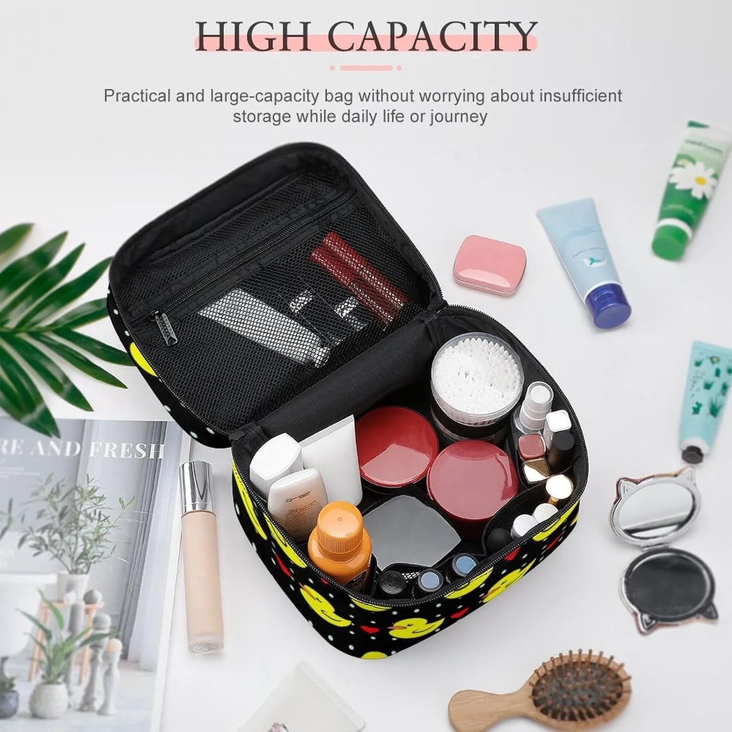 Makeup Bag for Women, Black Red Love Hearts Polka Dots Yellow Rubber Ducks Large Cosmetic Brush Bag, Portable Waterproof Storage Bag with Handle Travel Toiletry Accessories