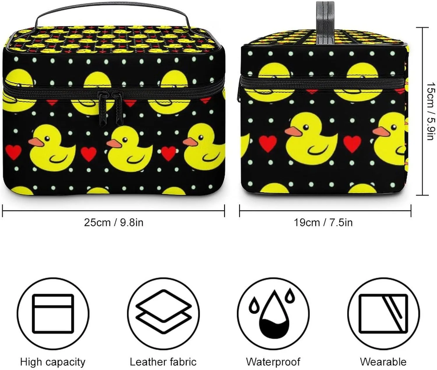 Makeup Bag for Women, Black Red Love Hearts Polka Dots Yellow Rubber Ducks Large Cosmetic Brush Bag, Portable Waterproof Storage Bag with Handle Travel Toiletry Accessories