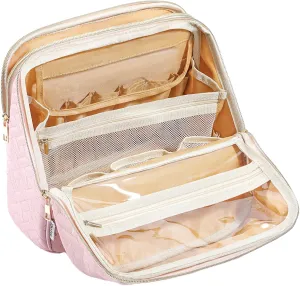 Makeup Bag, Large Capacity with Room for Brushes and Mirror, Travel Makeup Organizer, Portable Make Up Case, Waterproof Cosmetic Bags with Handle, Color Pink