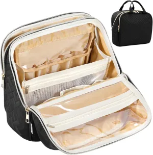 Makeup Bag, Large Capacity with Room for Brushes and Mirror, Travel Makeup Organizer, Portable Make Up Case, Waterproof Cosmetic Toiletry Bags with Handle, Color Black