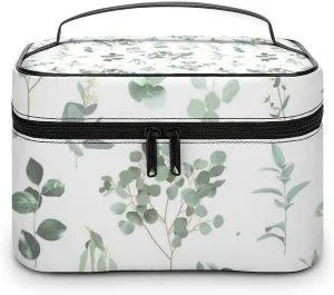 Makeup Bag, Portable Large Capacity Makeup Case Organizer, Watercolor Sage Green Leaf Cosmetic Bag for Women Stylish Travel Toiletry Bag With Handle