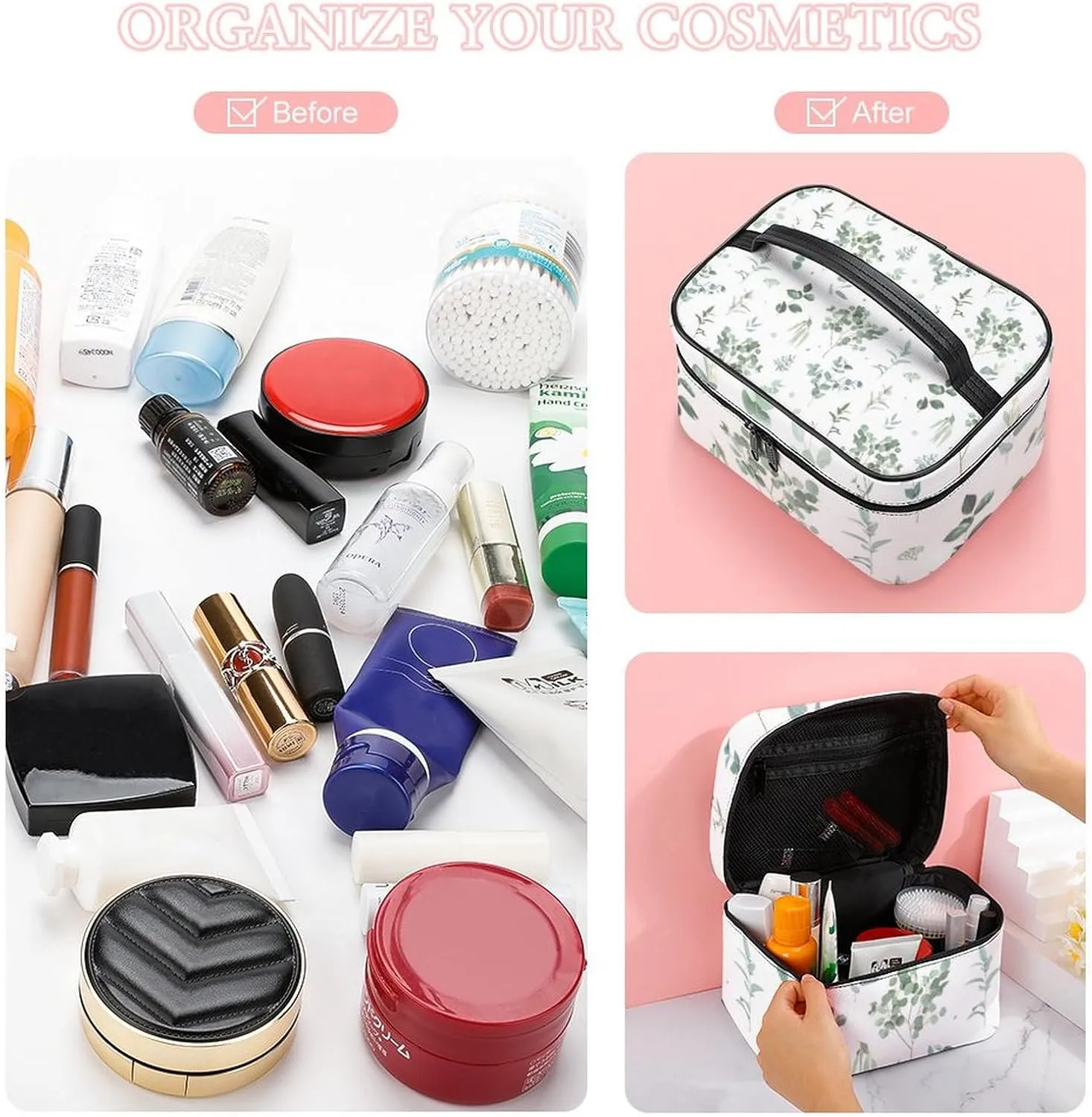 Makeup Bag, Portable Large Capacity Makeup Case Organizer, Watercolor Sage Green Leaf Cosmetic Bag for Women Stylish Travel Toiletry Bag With Handle