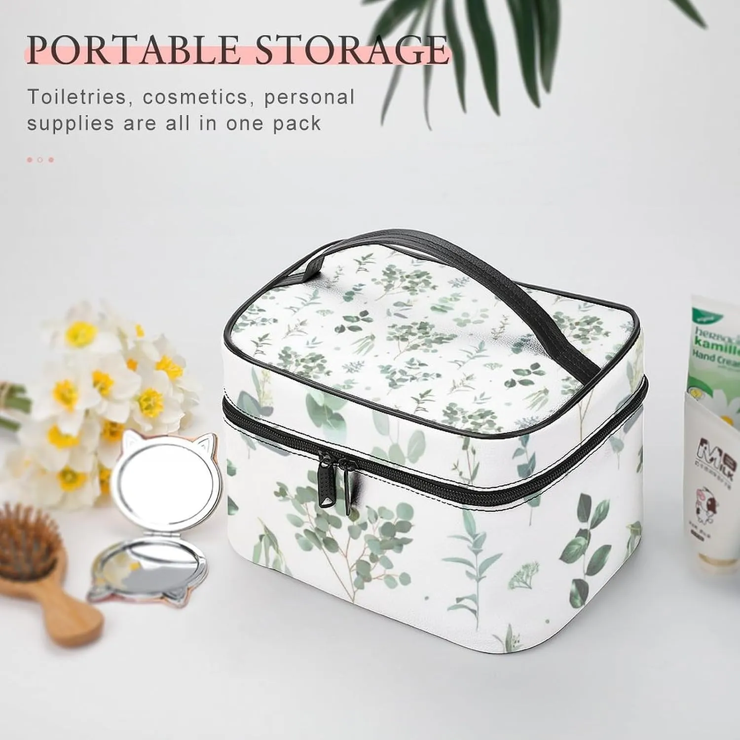 Makeup Bag, Portable Large Capacity Makeup Case Organizer, Watercolor Sage Green Leaf Cosmetic Bag for Women Stylish Travel Toiletry Bag With Handle