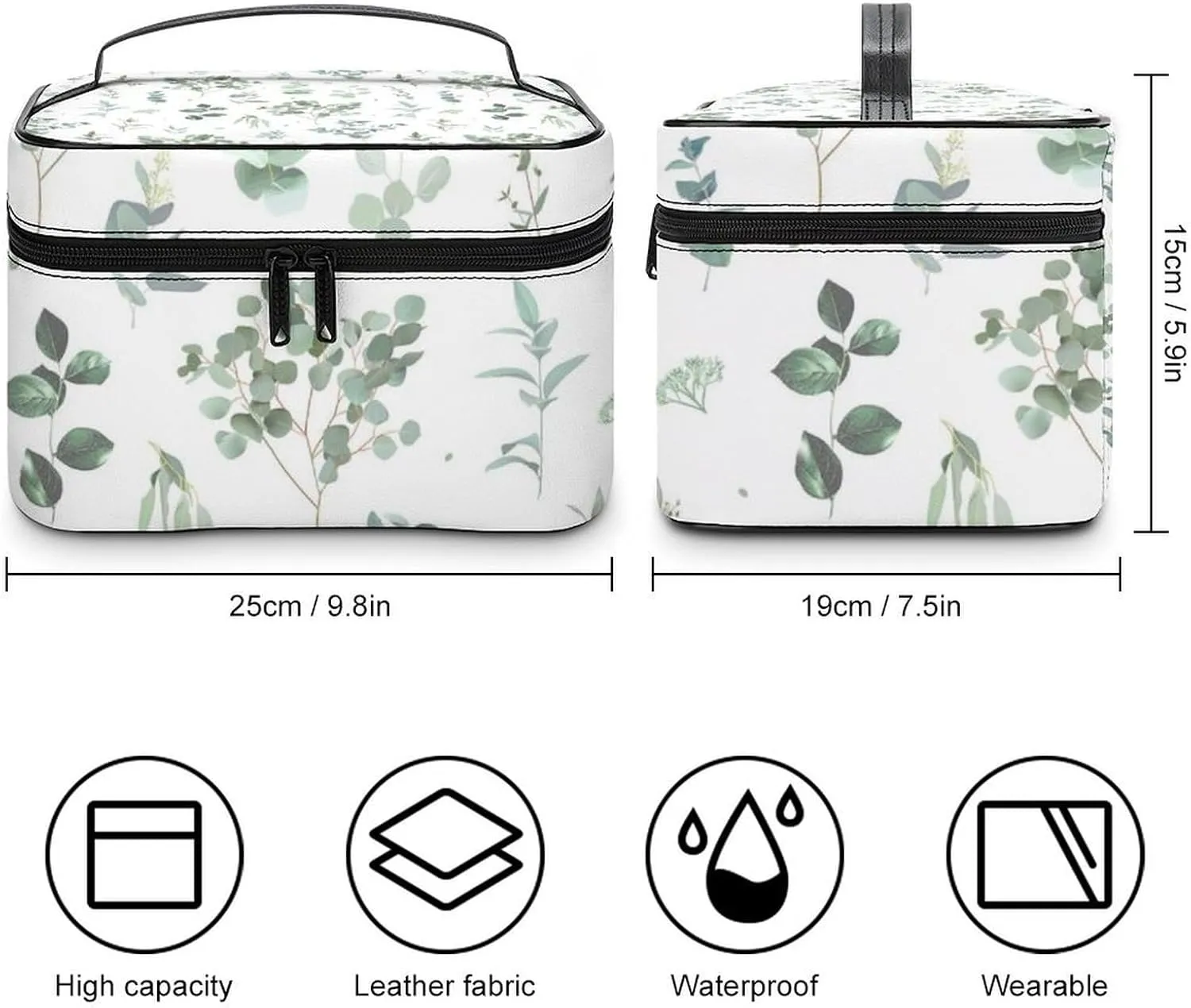 Makeup Bag, Portable Large Capacity Makeup Case Organizer, Watercolor Sage Green Leaf Cosmetic Bag for Women Stylish Travel Toiletry Bag With Handle