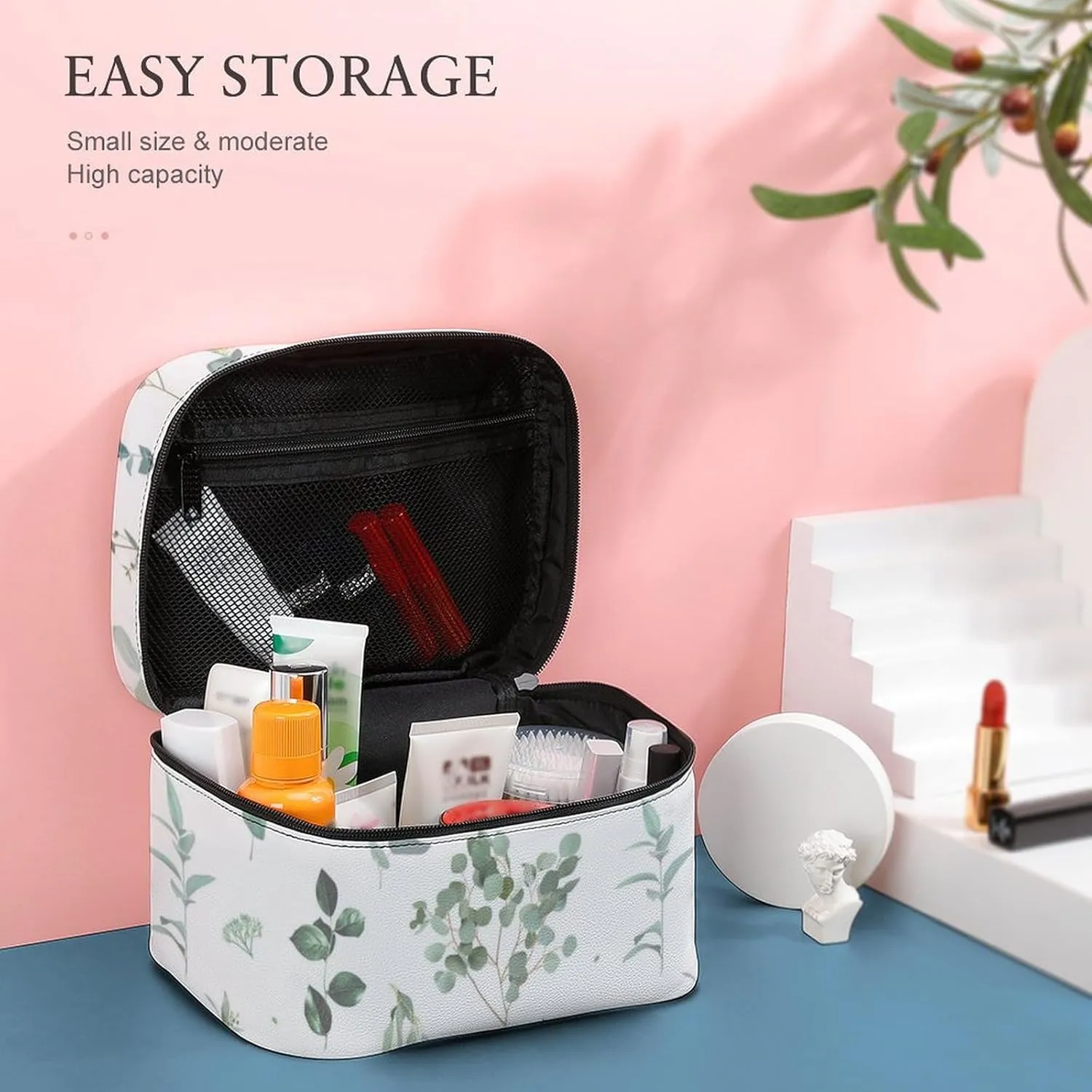 Makeup Bag, Portable Large Capacity Makeup Case Organizer, Watercolor Sage Green Leaf Cosmetic Bag for Women Stylish Travel Toiletry Bag With Handle