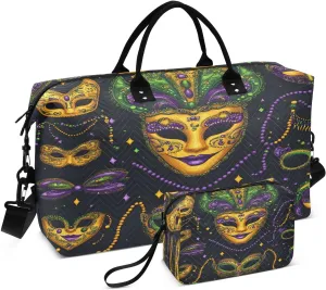 Mardi Gras Carnival Mask Travel Duffel Bags 2PCS,Sports Duffel Bags for Men Women,Weekender Overnight Bag Gym Tote Bag with Toiletry Bag