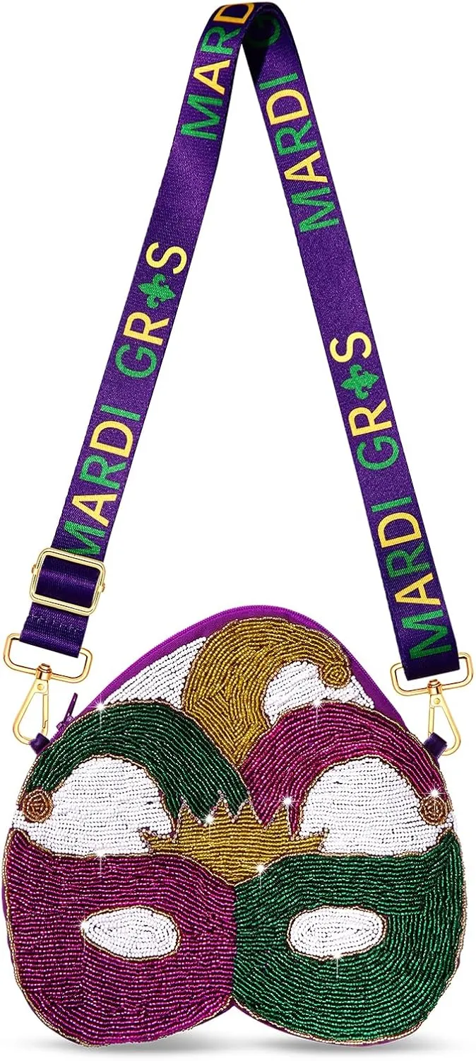 Mardi Gras Purse for Women Beaded Mask Crossbody Purse Purple Shoulder Bag Mardi Gras Parade Party Favors Gifts