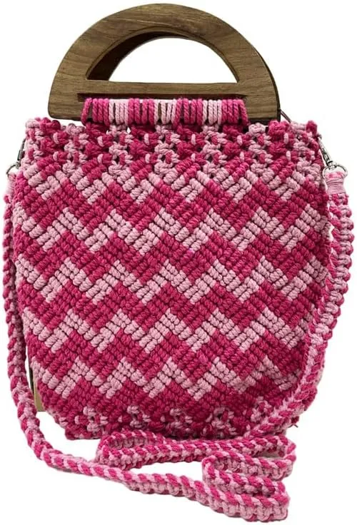 Maresse Handmade Mergenta Pink Macrame Boho Bag - Bohemian Purse with Wooden Handles - Knitting Handmade Weaving Handbag - Stylish & Eco-Friendly, Pink, M