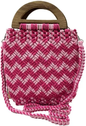 Maresse Handmade Mergenta Pink Macrame Boho Bag - Bohemian Purse with Wooden Handles - Knitting Handmade Weaving Handbag - Stylish & Eco-Friendly, Pink, M