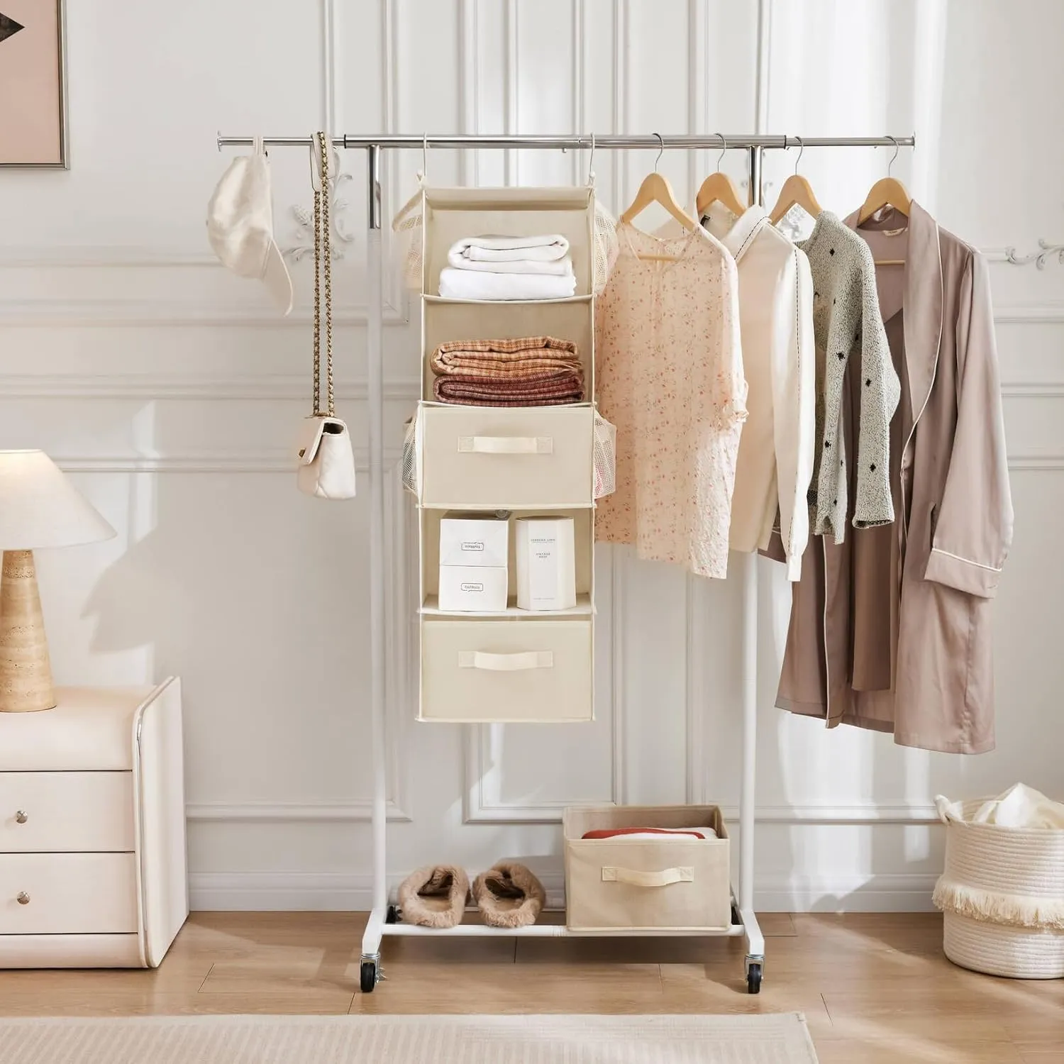 MAX Houser 5 Tier Shelf Hanging Closet Organizer, Cloth Hanging Shelf with 2 Sturdy Hooks for Storage, Foldable (Beige-D2)