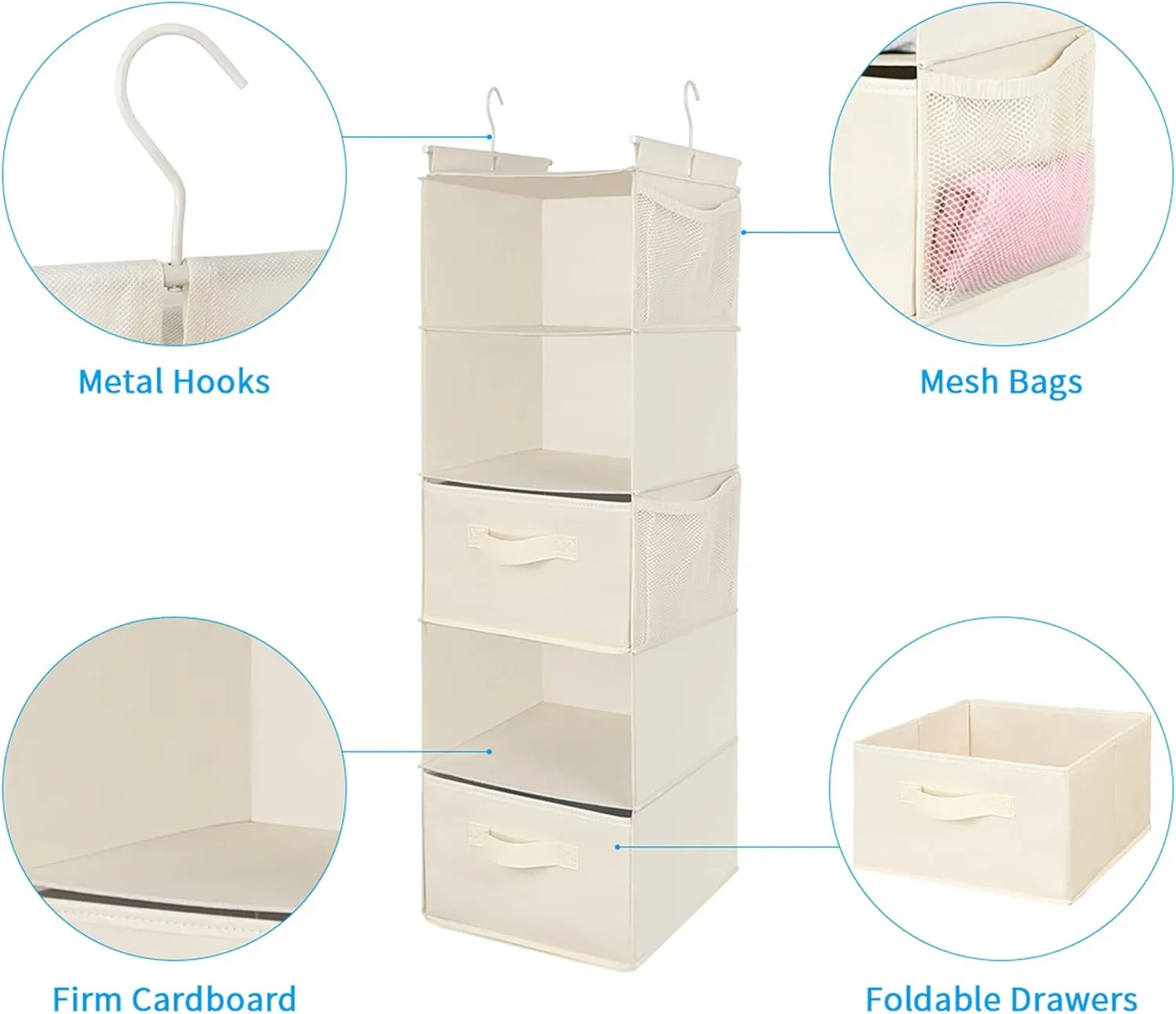 MAX Houser 5 Tier Shelf Hanging Closet Organizer, Cloth Hanging Shelf with 2 Sturdy Hooks for Storage, Foldable (Beige-D2)
