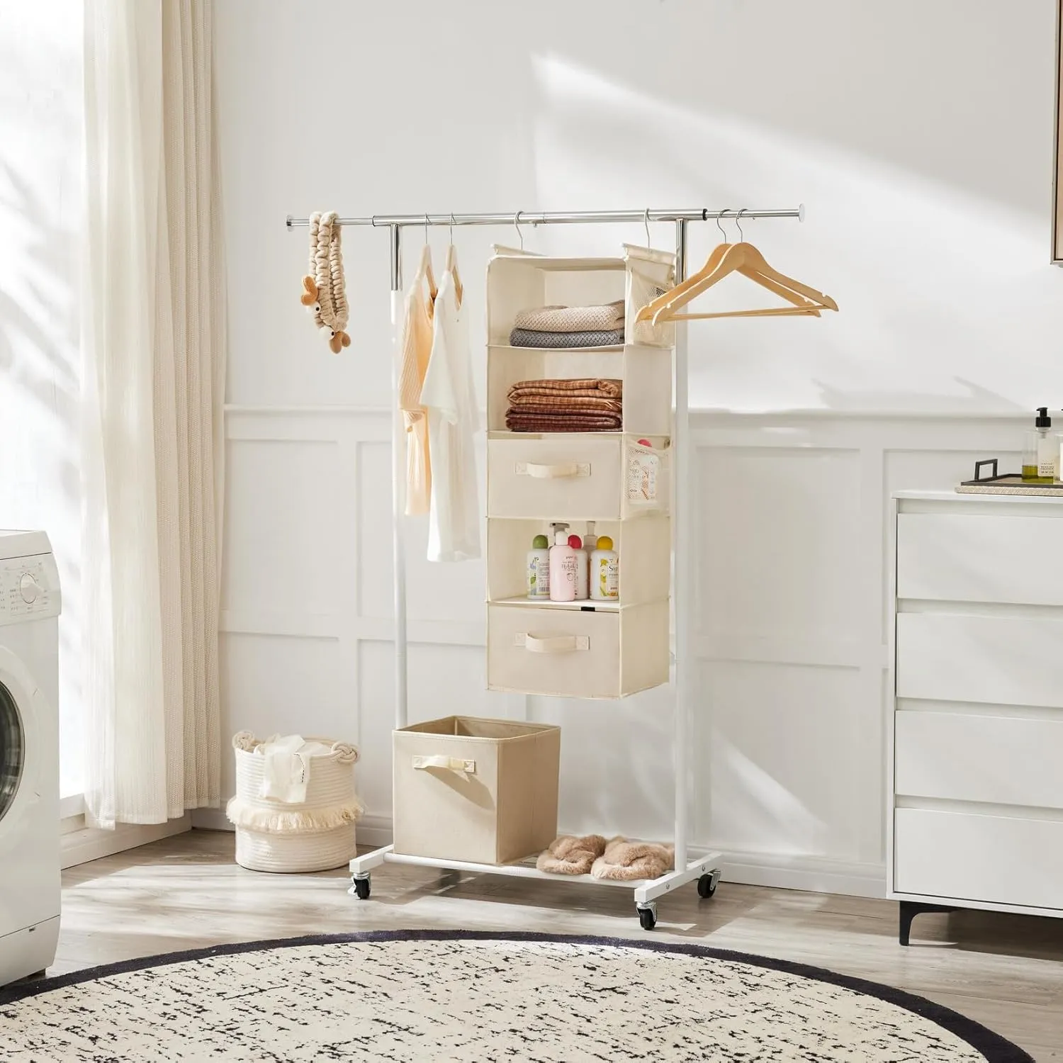 MAX Houser 5 Tier Shelf Hanging Closet Organizer, Cloth Hanging Shelf with 2 Sturdy Hooks for Storage, Foldable (Beige-D2)