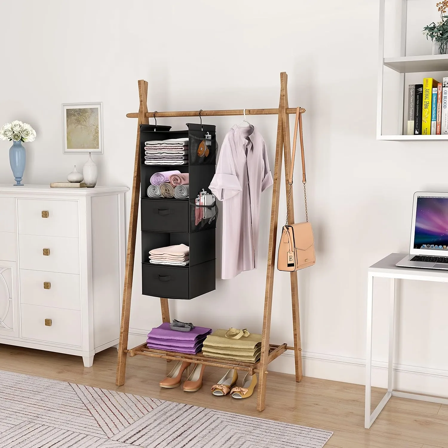 MAX Houser 5 Tier Shelf Hanging Closet Organizer, Cloth Hanging Shelf with 2 Sturdy Hooks for Storage, Foldable (Black-D2)