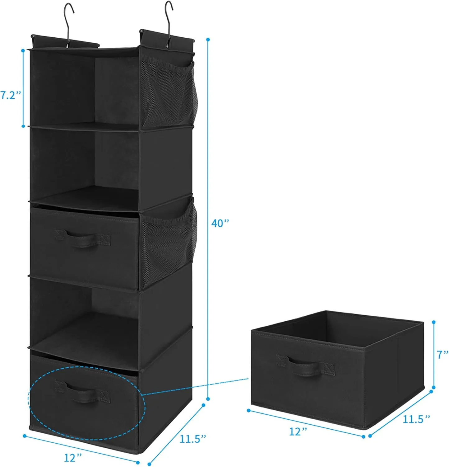 MAX Houser 5 Tier Shelf Hanging Closet Organizer, Cloth Hanging Shelf with 2 Sturdy Hooks for Storage, Foldable (Black-D2)