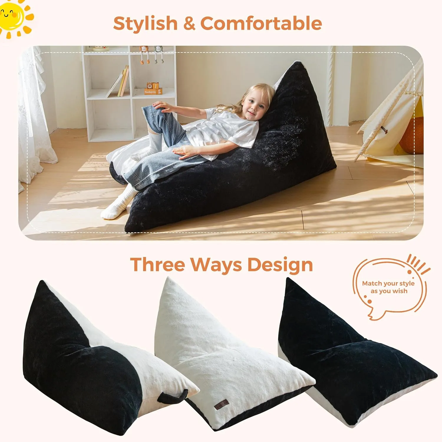 MAXYOYO Kids Bean Bag Chair, Stuffed Bean Bag with Handle for Boys and Girls, Two-Tone Design Child Lazy Chair for Gaming, Playing, Floor Sofa Lounger with High-Density Foam Filling, White and Black
