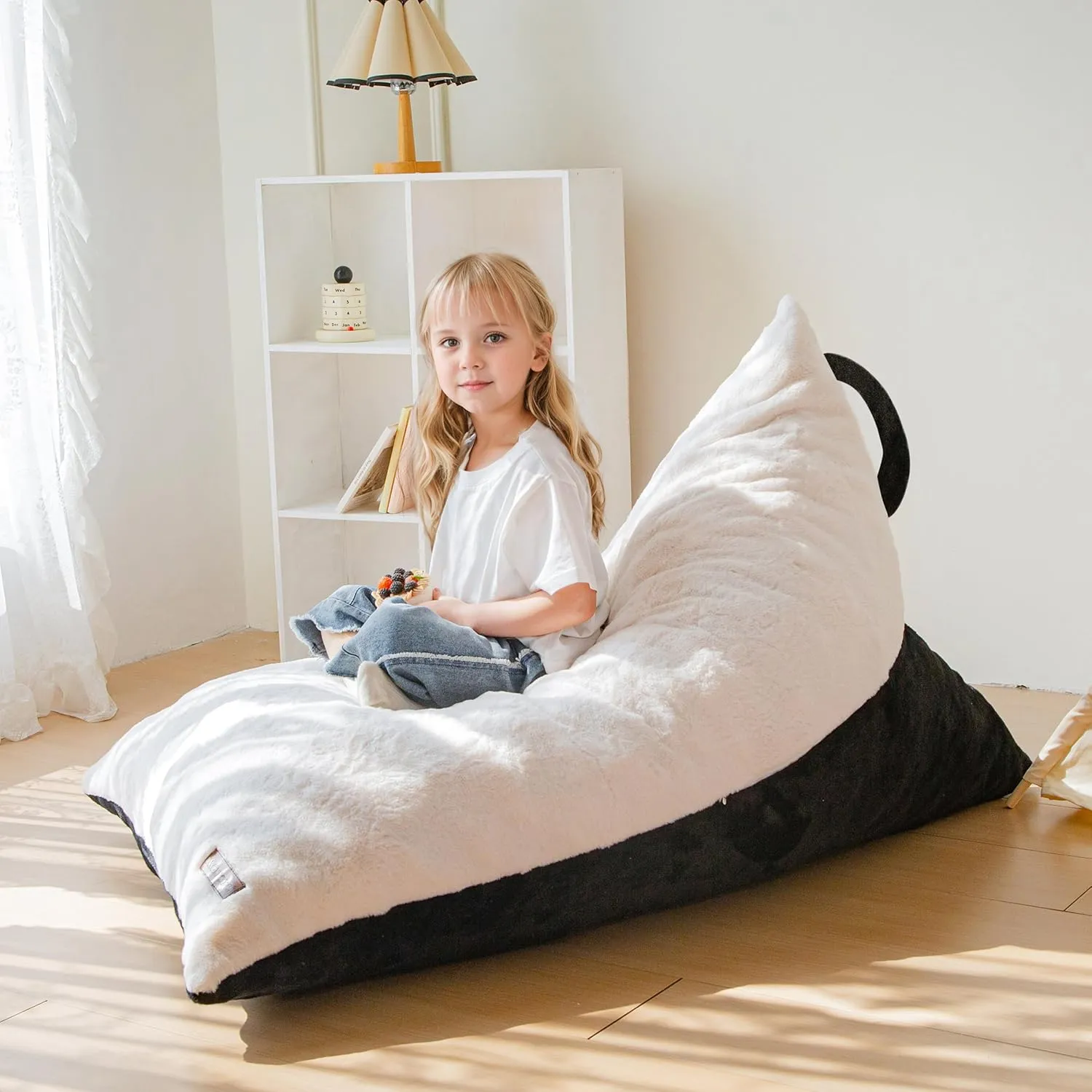 MAXYOYO Kids Bean Bag Chair, Stuffed Bean Bag with Handle for Boys and Girls, Two-Tone Design Child Lazy Chair for Gaming, Playing, Floor Sofa Lounger with High-Density Foam Filling, White and Black