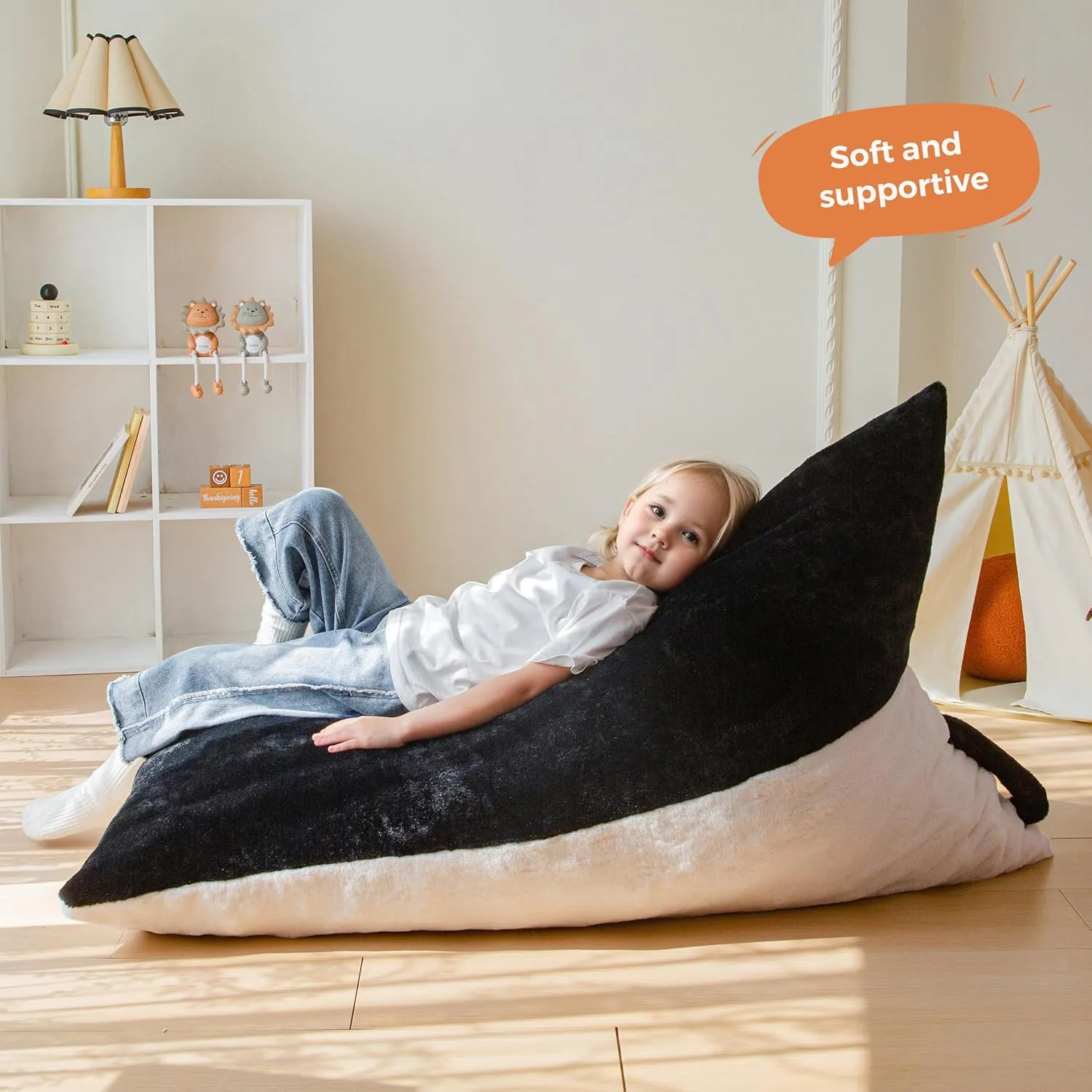MAXYOYO Kids Bean Bag Chair, Stuffed Bean Bag with Handle for Boys and Girls, Two-Tone Design Child Lazy Chair for Gaming, Playing, Floor Sofa Lounger with High-Density Foam Filling, White and Black