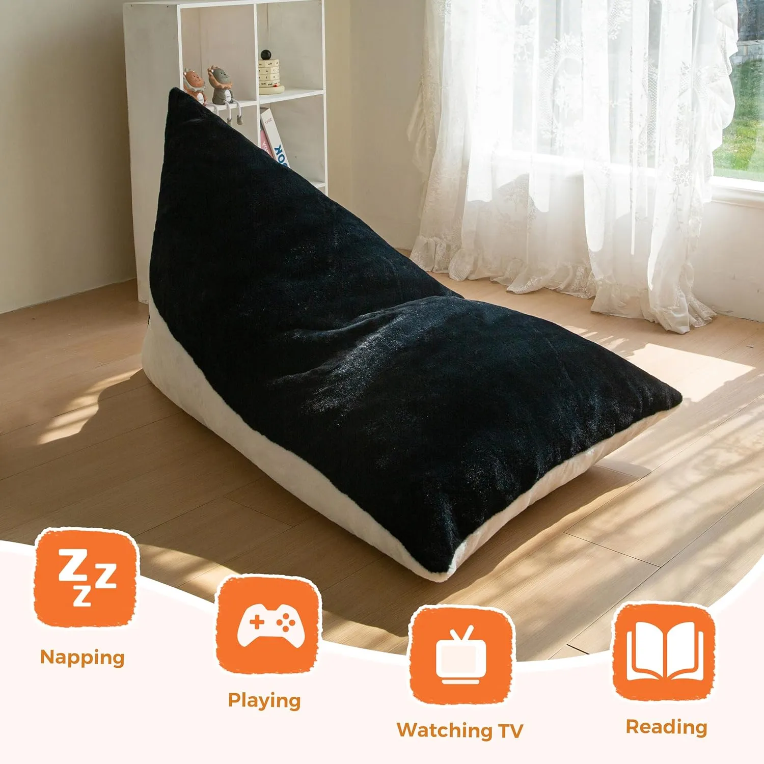 MAXYOYO Kids Bean Bag Chair, Stuffed Bean Bag with Handle for Boys and Girls, Two-Tone Design Child Lazy Chair for Gaming, Playing, Floor Sofa Lounger with High-Density Foam Filling, White and Black