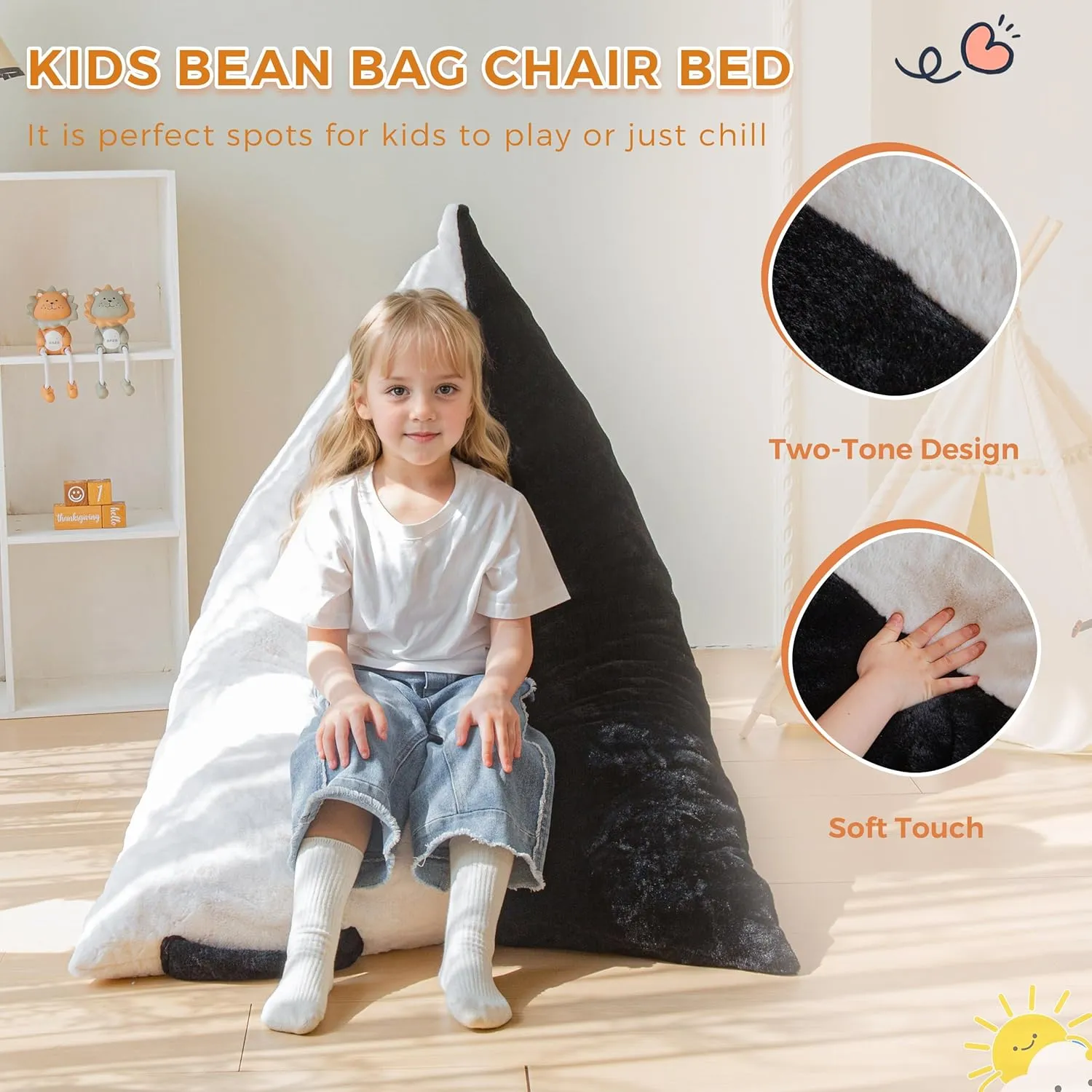 MAXYOYO Kids Bean Bag Chair, Stuffed Bean Bag with Handle for Boys and Girls, Two-Tone Design Child Lazy Chair for Gaming, Playing, Floor Sofa Lounger with High-Density Foam Filling, White and Black