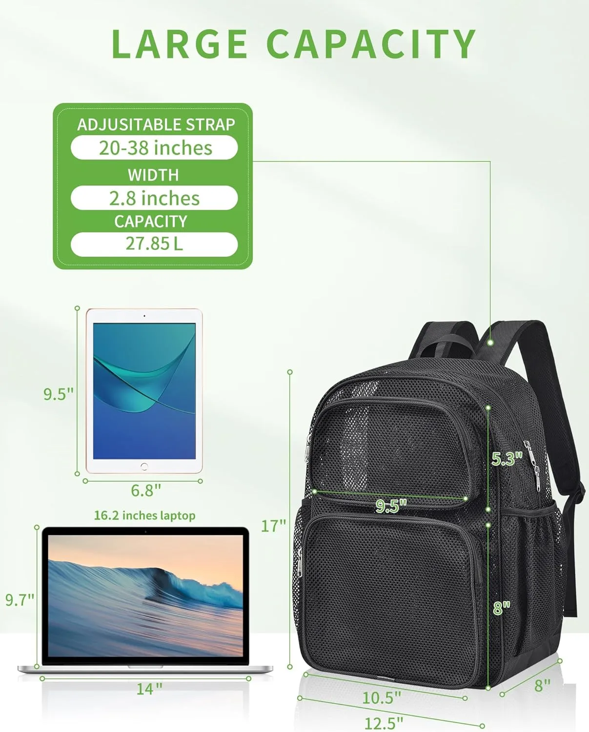 MAY TREE Mesh Backpack Heavy Duty Big Mesh Bag Large Capacity for Travel Beach Hiking Outdoor Sports with Paded Strap