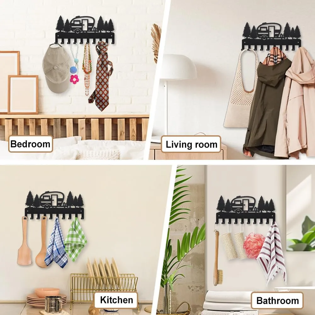 MAYJOYDIY Camping Coat Hooks Wall Mount Metal Camping Vehicle Key Holder for Wall 9.8×4.7inch 10 Hooks Decorative Forest Campingvan Black Key Hooks for Gift Coats Hats Towels Bags Travel Trailers