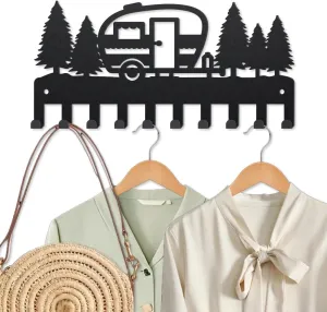 MAYJOYDIY Camping Coat Hooks Wall Mount Metal Camping Vehicle Key Holder for Wall 9.8×4.7inch 10 Hooks Decorative Forest Campingvan Black Key Hooks for Gift Coats Hats Towels Bags Travel Trailers