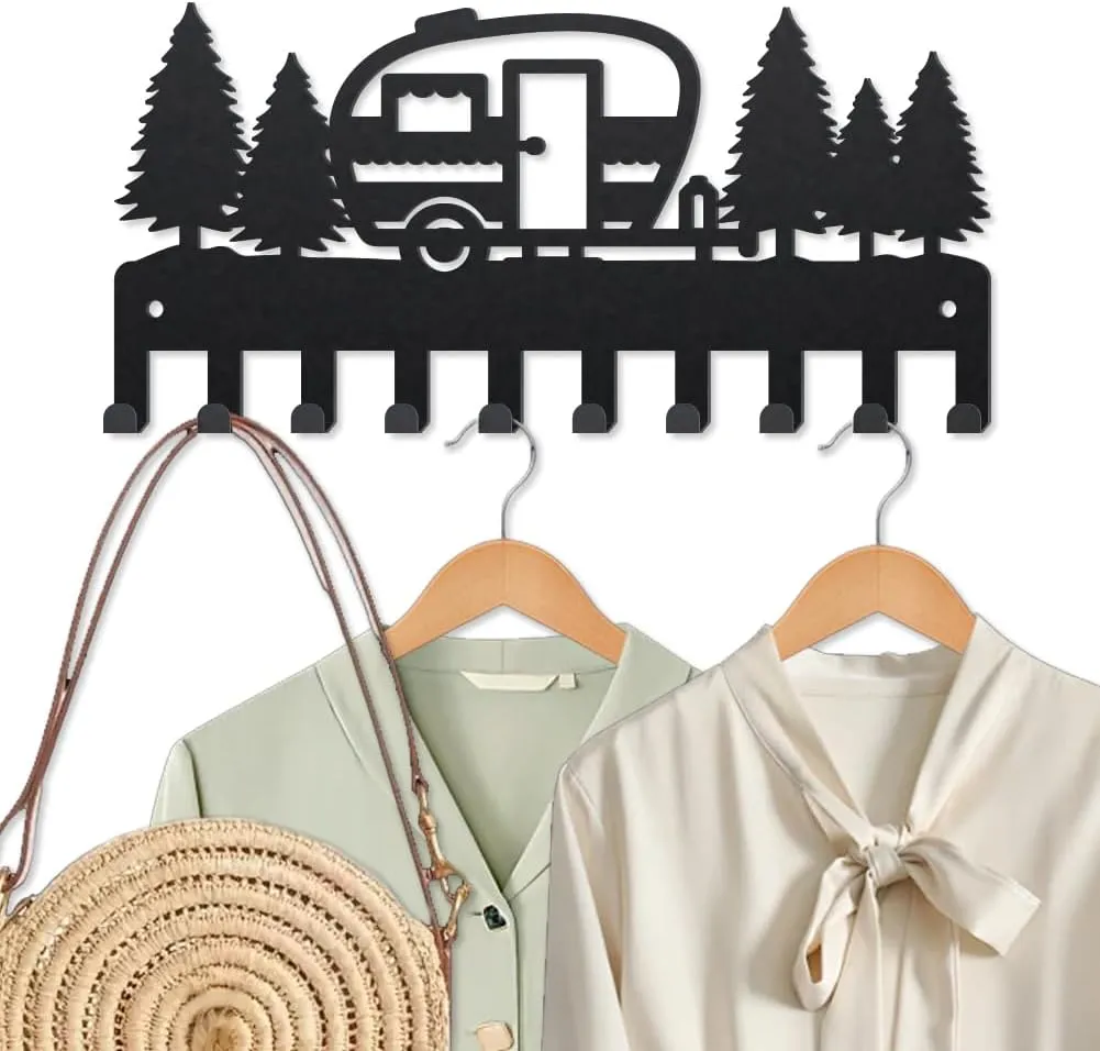 MAYJOYDIY Camping Coat Hooks Wall Mount Metal Camping Vehicle Key Holder for Wall 9.8×4.7inch 10 Hooks Decorative Forest Campingvan Black Key Hooks for Gift Coats Hats Towels Bags Travel Trailers