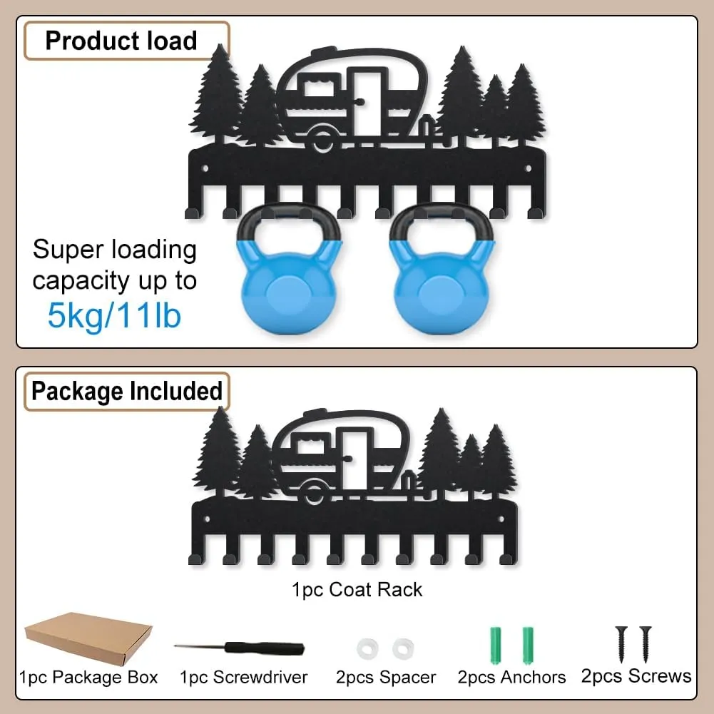 MAYJOYDIY Camping Coat Hooks Wall Mount Metal Camping Vehicle Key Holder for Wall 9.8×4.7inch 10 Hooks Decorative Forest Campingvan Black Key Hooks for Gift Coats Hats Towels Bags Travel Trailers
