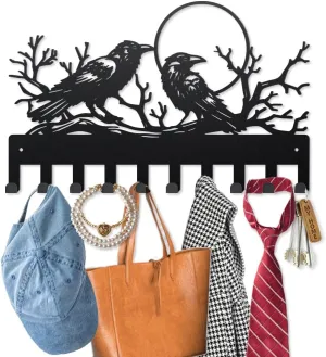 MAYJOYDIY Crows Moon Metal Coat Hooks for Wall 15.7×9.8inch Branches Dead Woods Wall Mounted Key Rack 10 Hooks Birds Raven Pattern Black Art Key Holder for Coats Hats Towels Bags Hanging