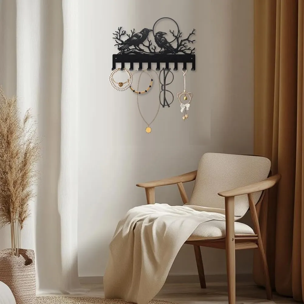 MAYJOYDIY Crows Moon Metal Coat Hooks for Wall 15.7×9.8inch Branches Dead Woods Wall Mounted Key Rack 10 Hooks Birds Raven Pattern Black Art Key Holder for Coats Hats Towels Bags Hanging