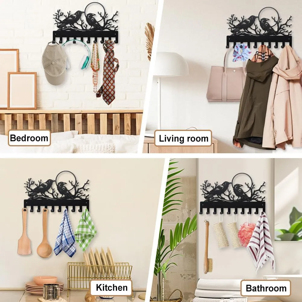 MAYJOYDIY Crows Moon Metal Coat Hooks for Wall 15.7×9.8inch Branches Dead Woods Wall Mounted Key Rack 10 Hooks Birds Raven Pattern Black Art Key Holder for Coats Hats Towels Bags Hanging