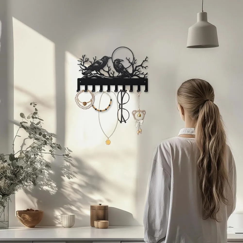 MAYJOYDIY Crows Moon Metal Coat Hooks for Wall 15.7×9.8inch Branches Dead Woods Wall Mounted Key Rack 10 Hooks Birds Raven Pattern Black Art Key Holder for Coats Hats Towels Bags Hanging