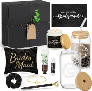 Meanplan 12 Pcs Bridesmaid Proposal Gifts, Will You Be My Bridesmaids Gifts with Proposal Box Glass Cup Makeup Bag Card Lip Balm Hand Cream Candle Scrunchies Bracelets Diamond Pen(Black)