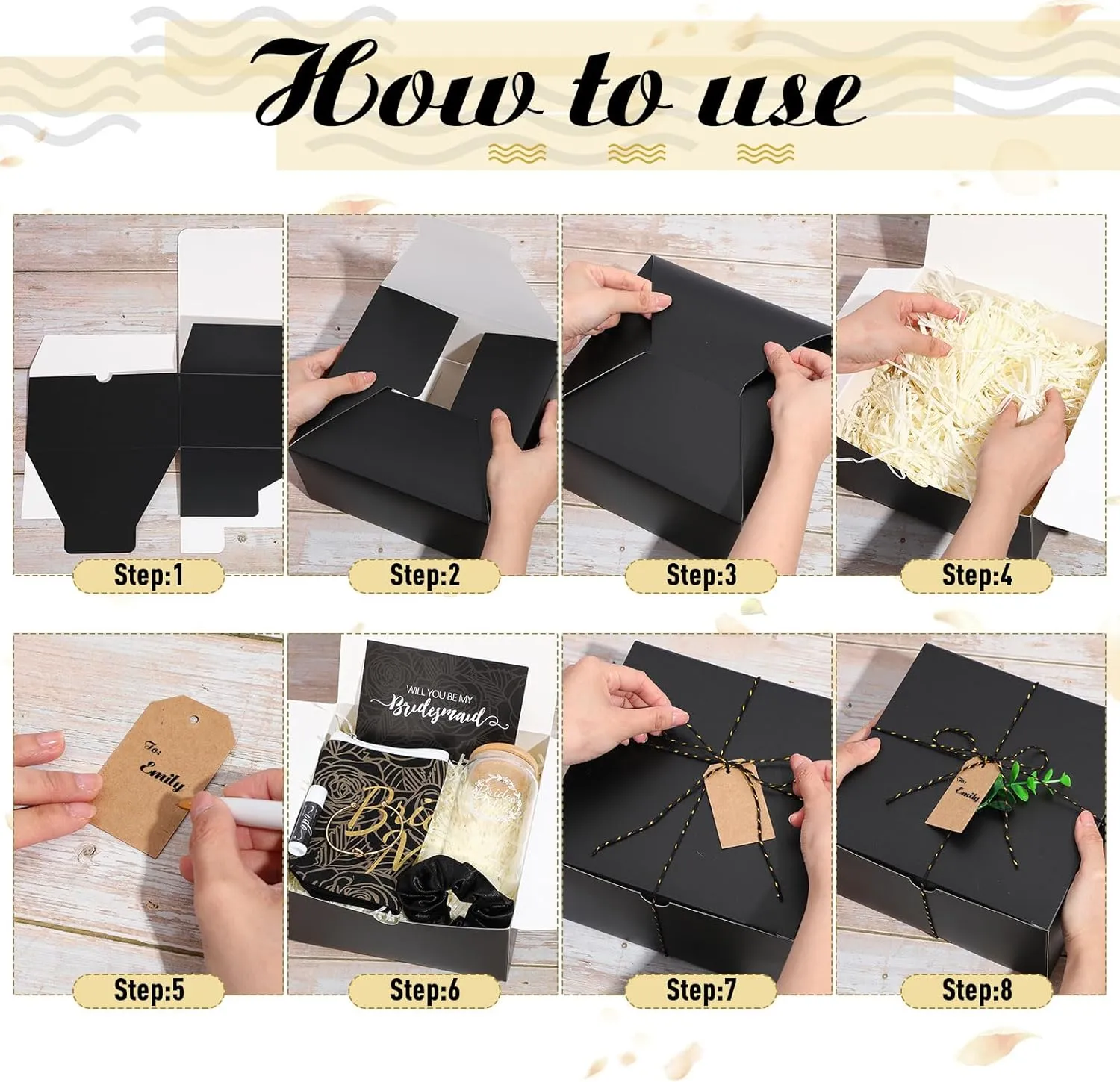 Meanplan 12 Pcs Bridesmaid Proposal Gifts, Will You Be My Bridesmaids Gifts with Proposal Box Glass Cup Makeup Bag Card Lip Balm Hand Cream Candle Scrunchies Bracelets Diamond Pen(Black)