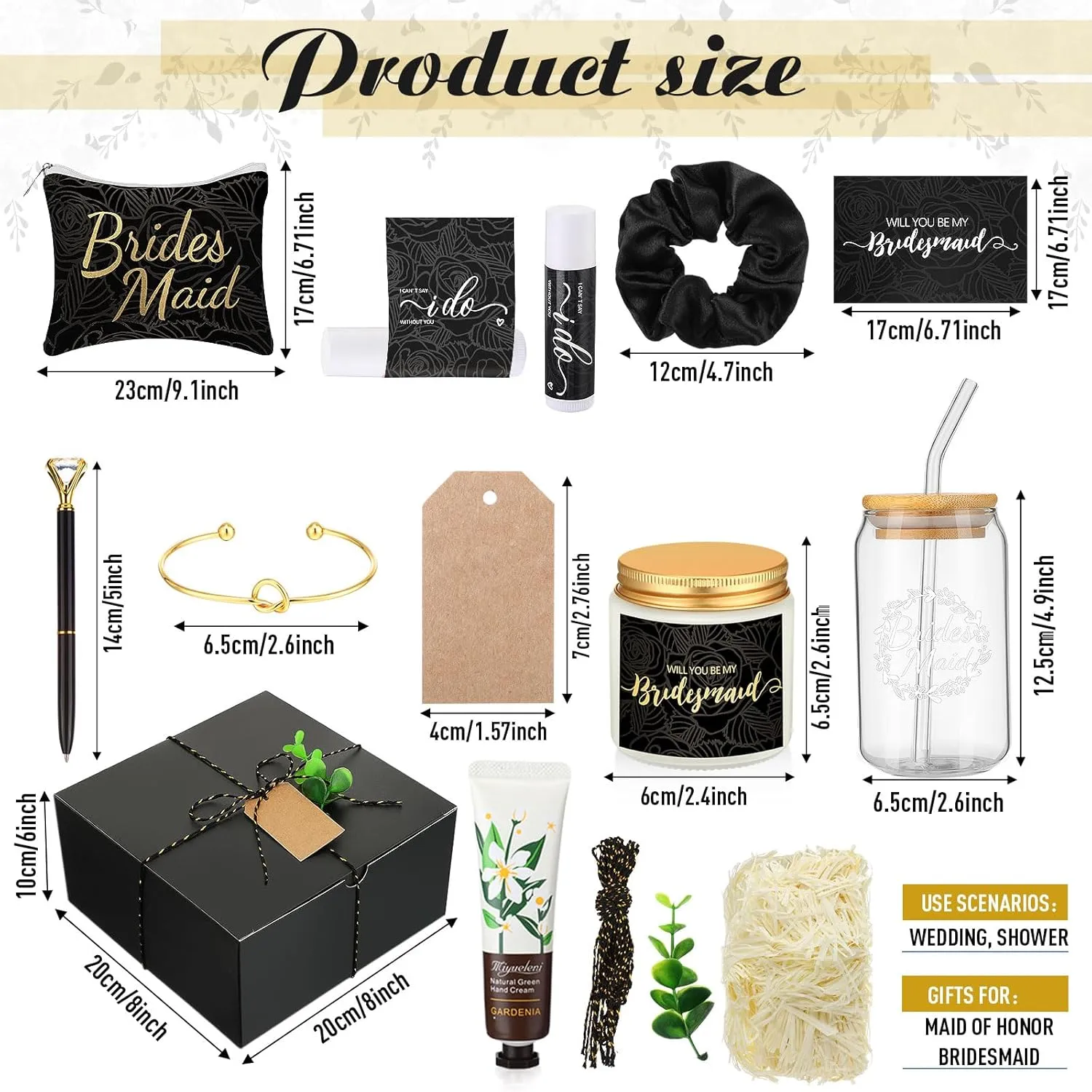 Meanplan 12 Pcs Bridesmaid Proposal Gifts, Will You Be My Bridesmaids Gifts with Proposal Box Glass Cup Makeup Bag Card Lip Balm Hand Cream Candle Scrunchies Bracelets Diamond Pen(Black)