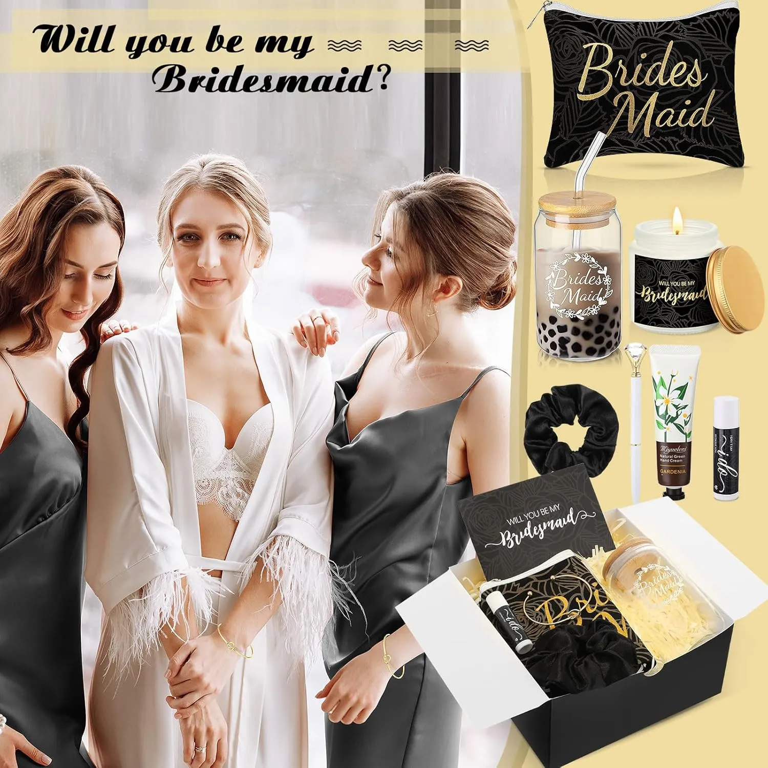 Meanplan 12 Pcs Bridesmaid Proposal Gifts, Will You Be My Bridesmaids Gifts with Proposal Box Glass Cup Makeup Bag Card Lip Balm Hand Cream Candle Scrunchies Bracelets Diamond Pen(Black)