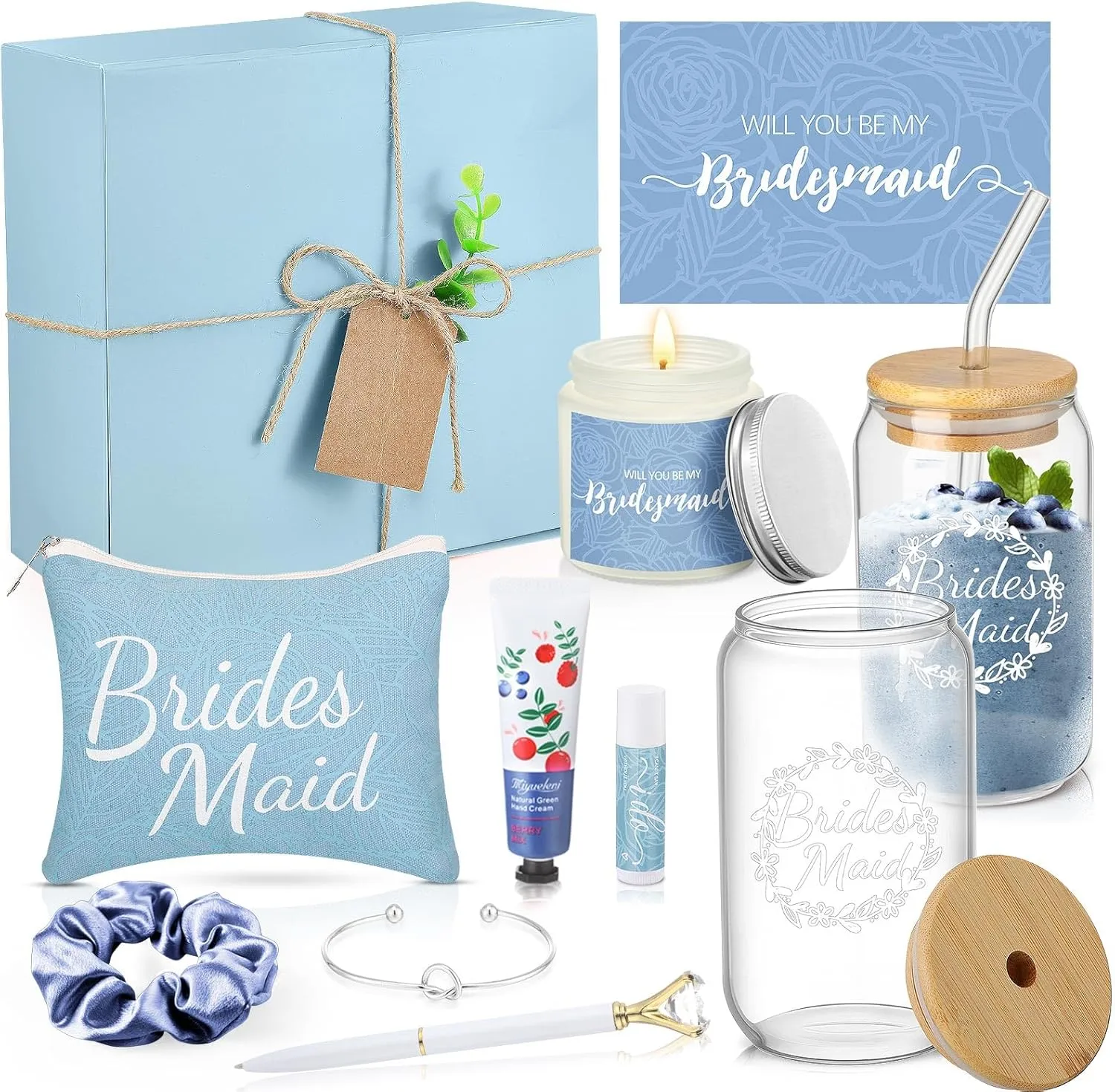 Meanplan 12 Pcs Bridesmaid Proposal Gifts, Will You Be My Bridesmaids Gifts with Proposal Box Glass Cup Makeup Bag Card Lip Balm Hand Cream Candle Scrunchies Bracelets Diamond Pen(Blue)